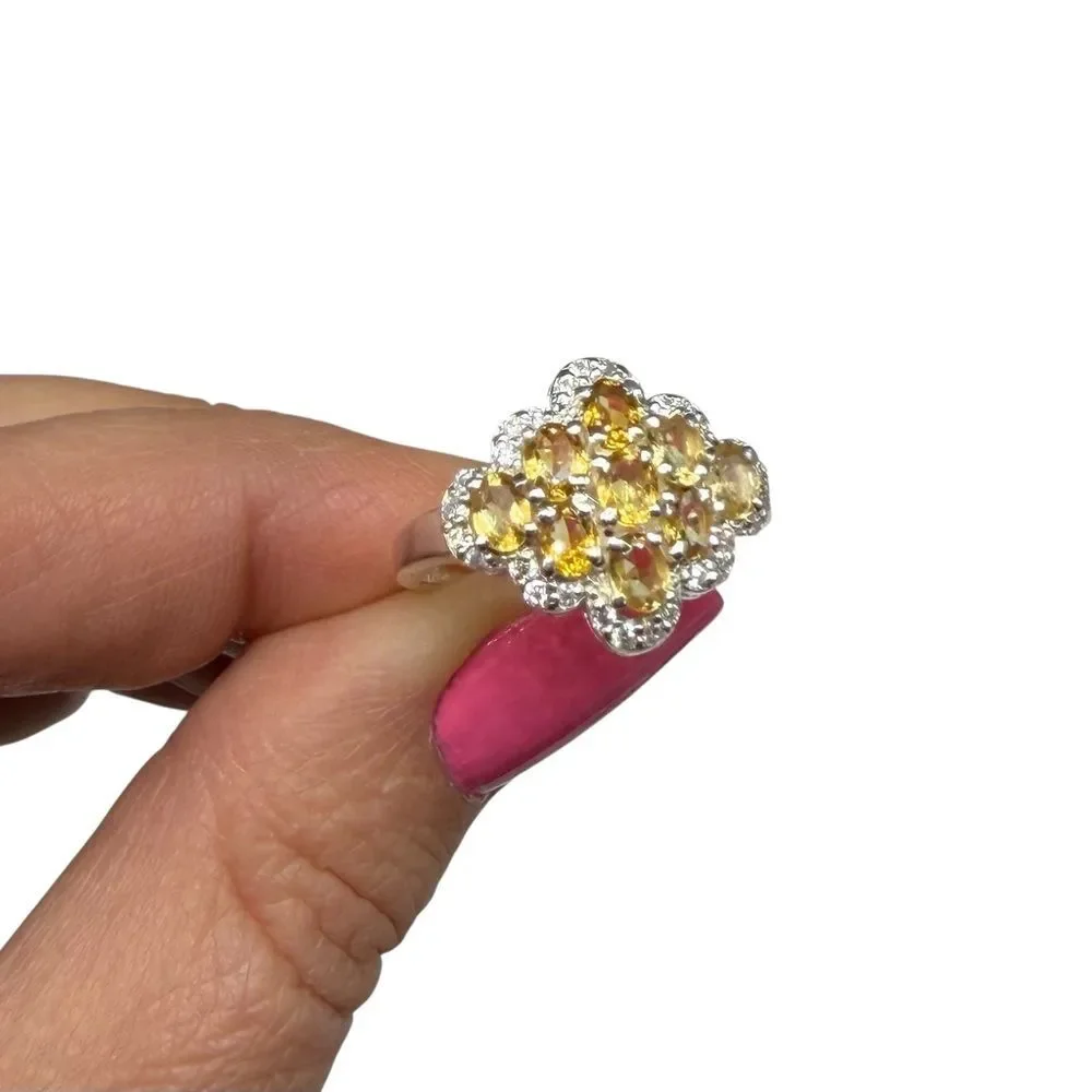 Citrine & Moissanite Diamond Ring Size 8 Solid 925 Sterling Silver Multi Stone